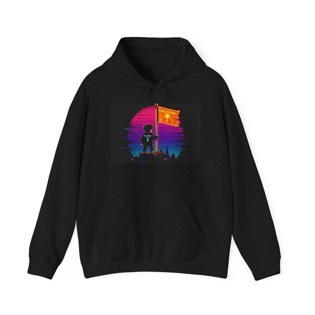 Retro Gamer "Player 1" Sunset Checkpoint Graphic Design Hoodie