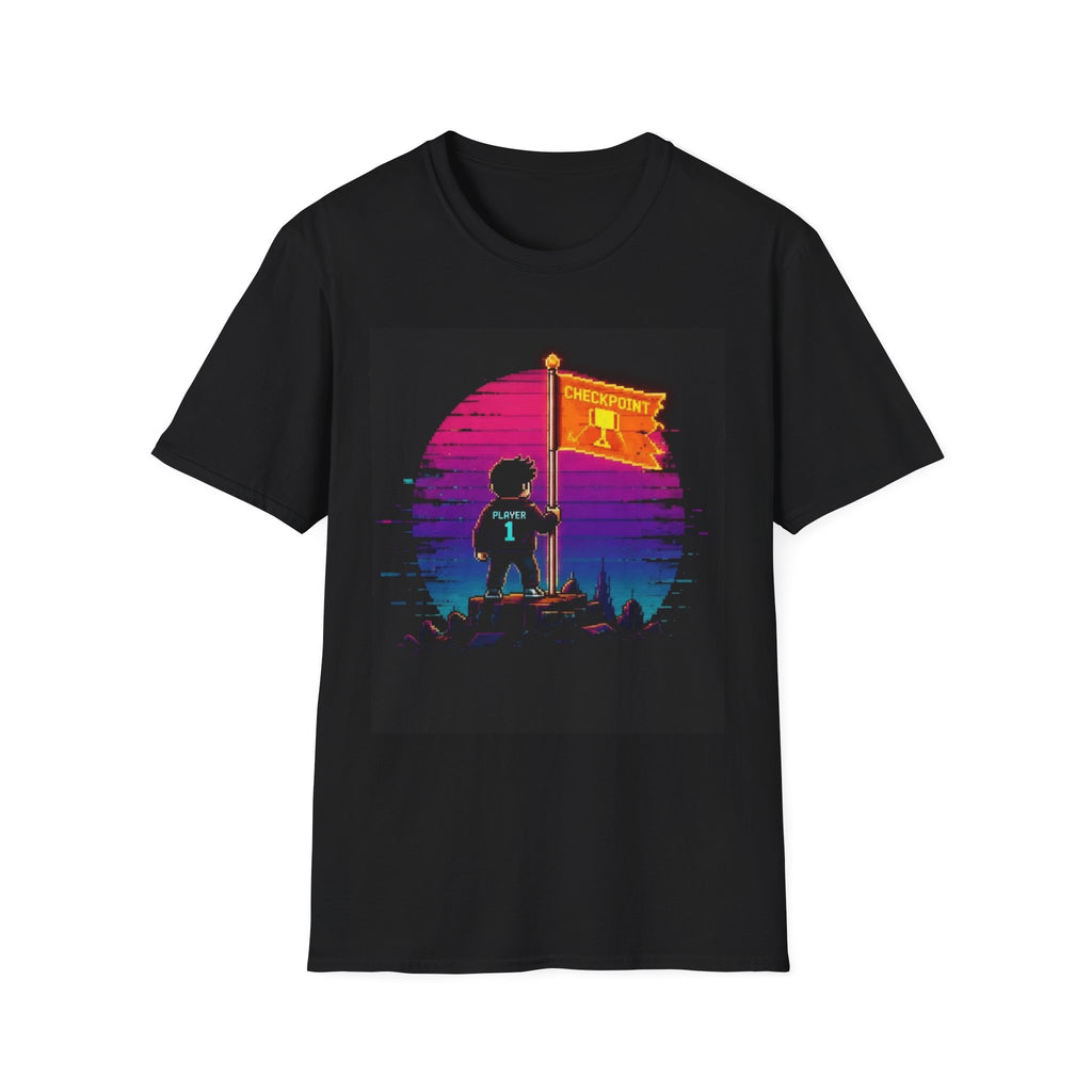 Retro Gamer "Player 1" Sunset Checkpoint Graphic Design T‑Shirt