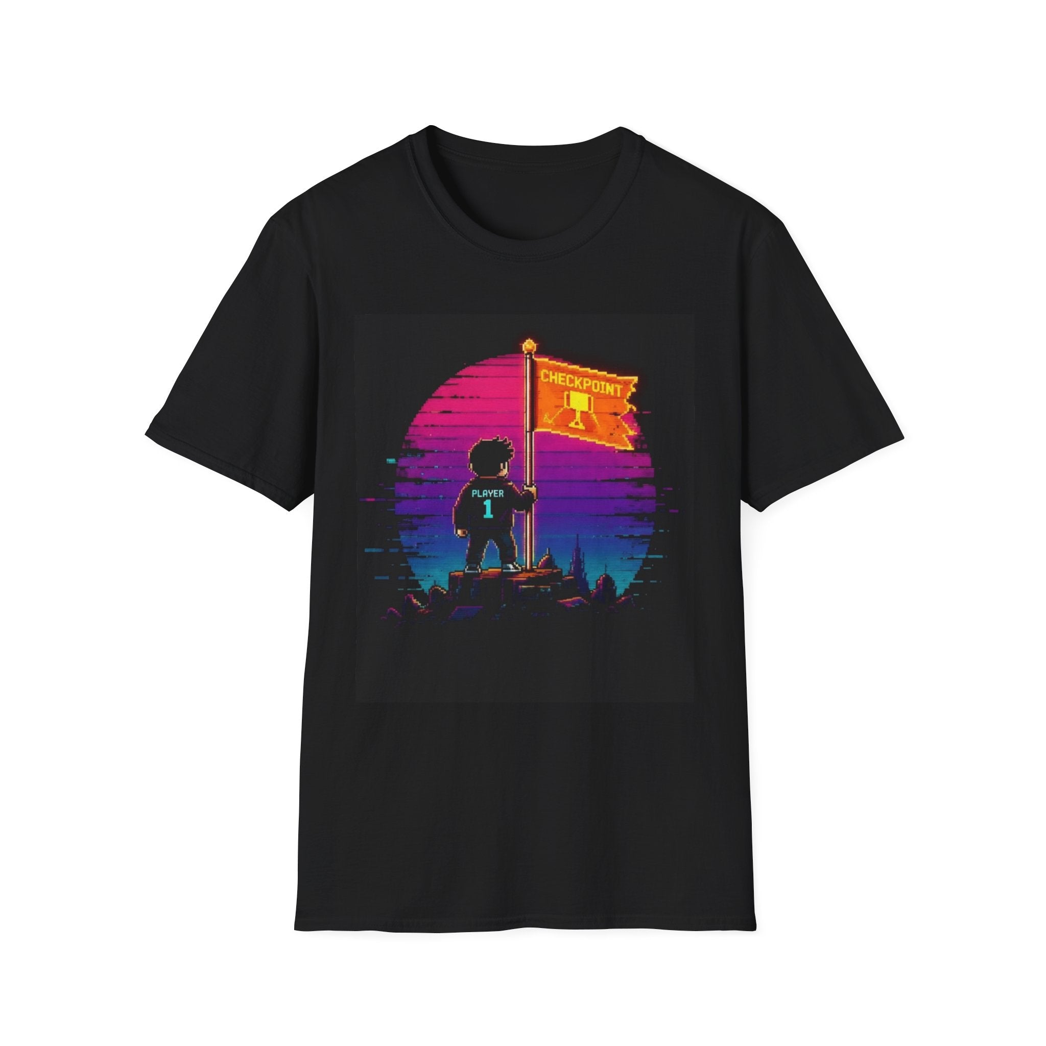 Retro Gamer "Player 1" Sunset Checkpoint Graphic Design T‑Shirt