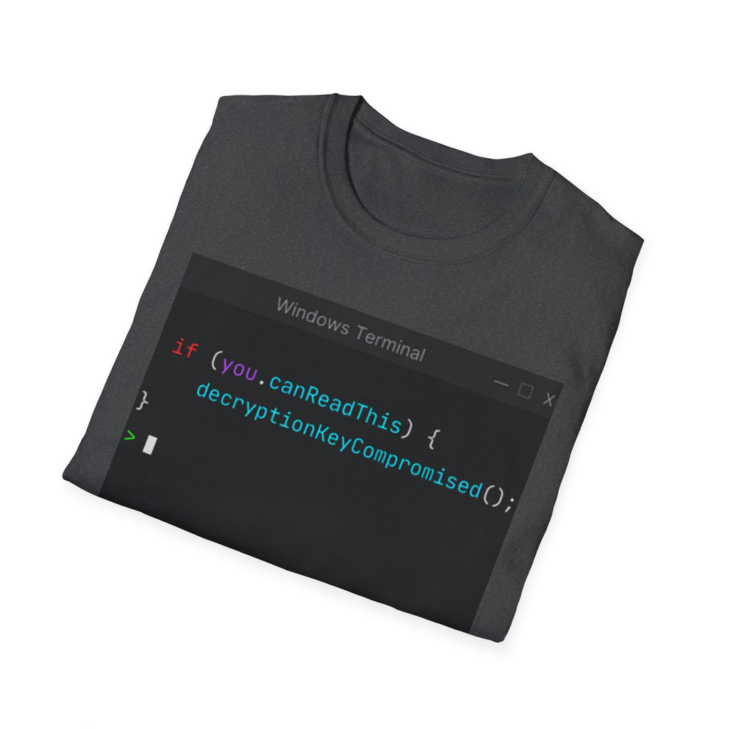 "if (you.canReadThis) { decryptionKeyCompromised(); }" Coding Terminal Tech Humor Graphic T-Shirt
