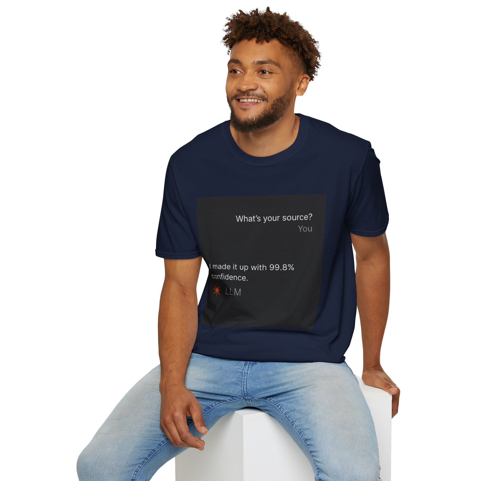 AI Chat (LLM) Tech Humor Graphic T-Shirt — "What's your source?"