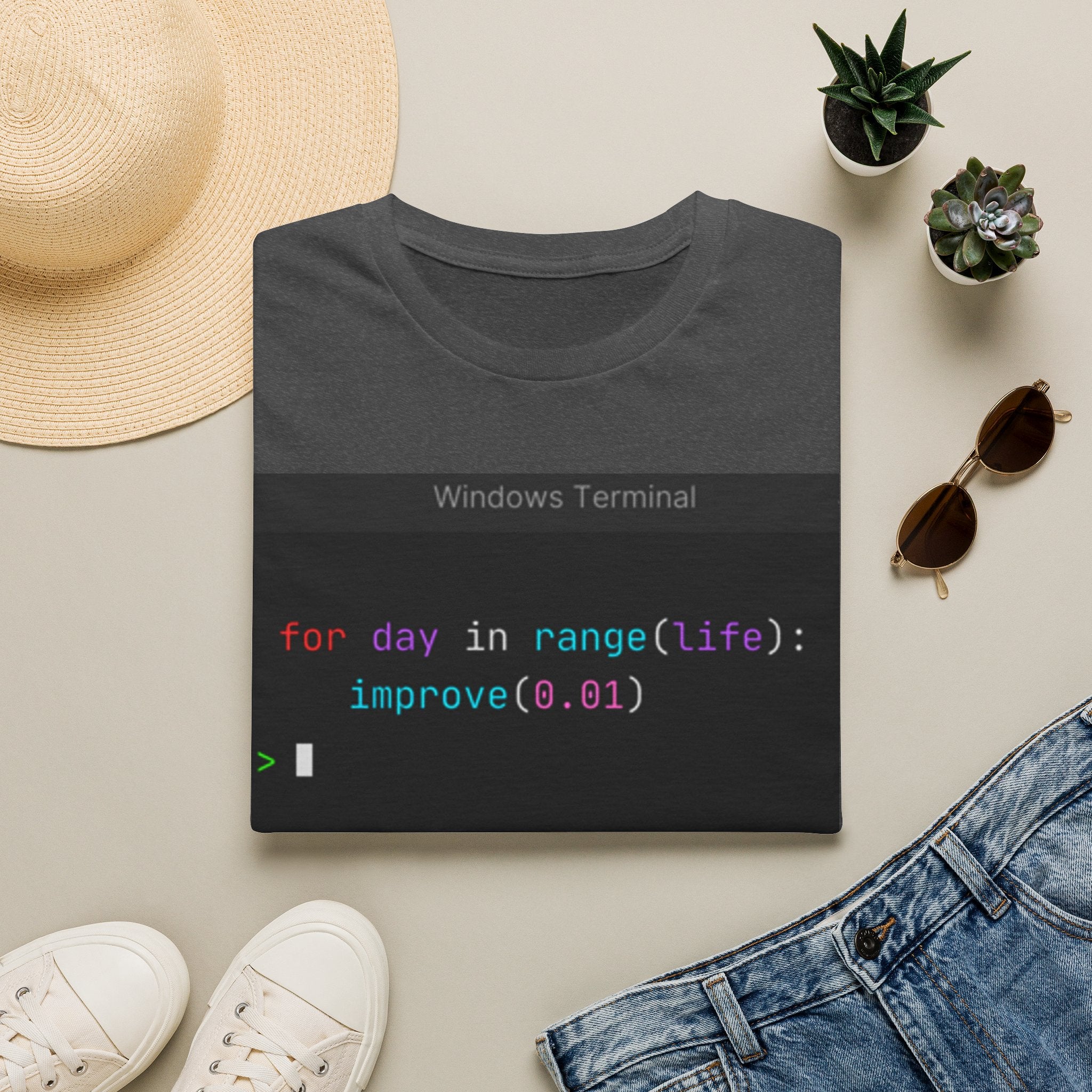 "for day in range(life): improve(0.01)" Coding Terminal Motivational Graphic T-Shirt