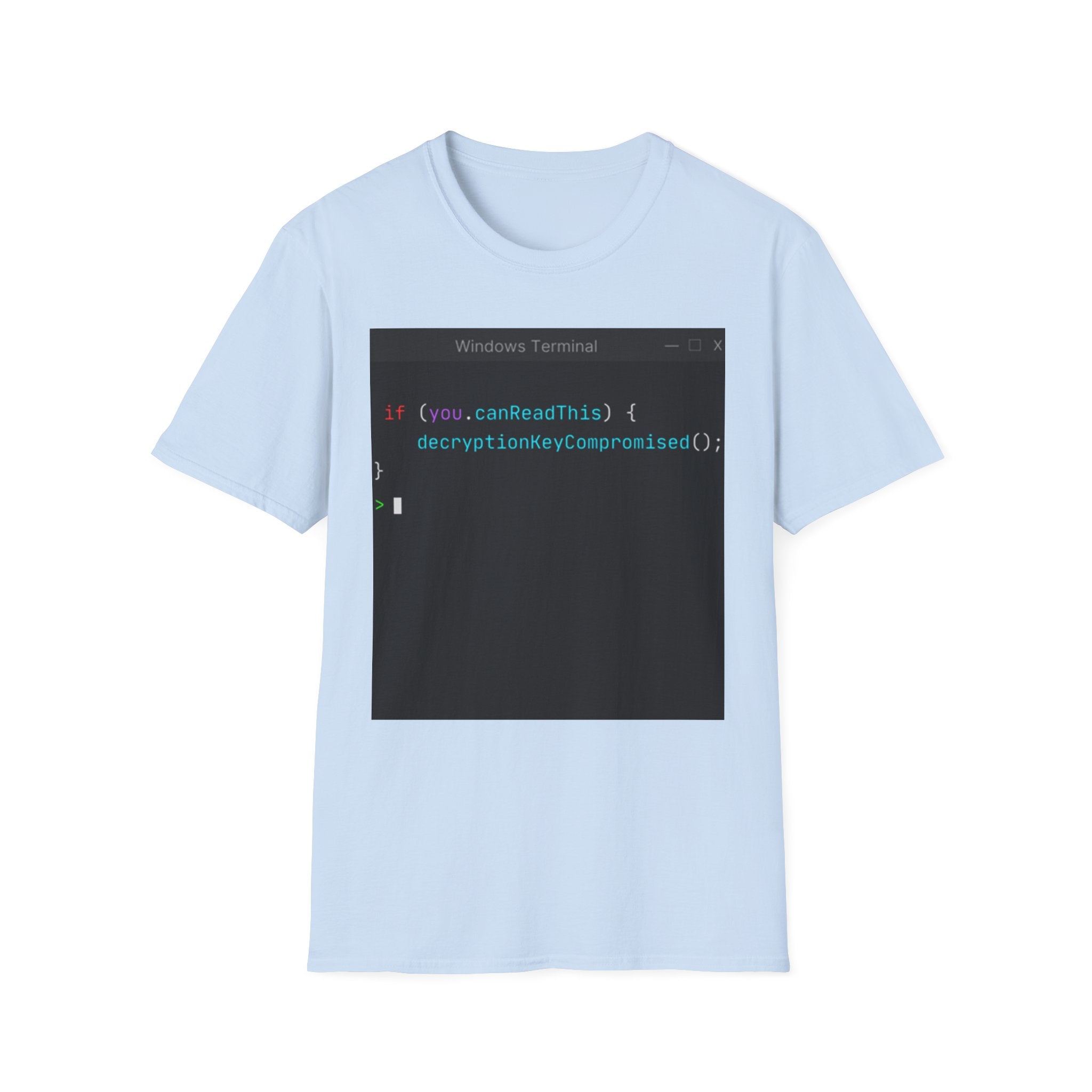 "if (you.canReadThis) { decryptionKeyCompromised(); }" Coding Terminal Tech Humor Graphic T-Shirt