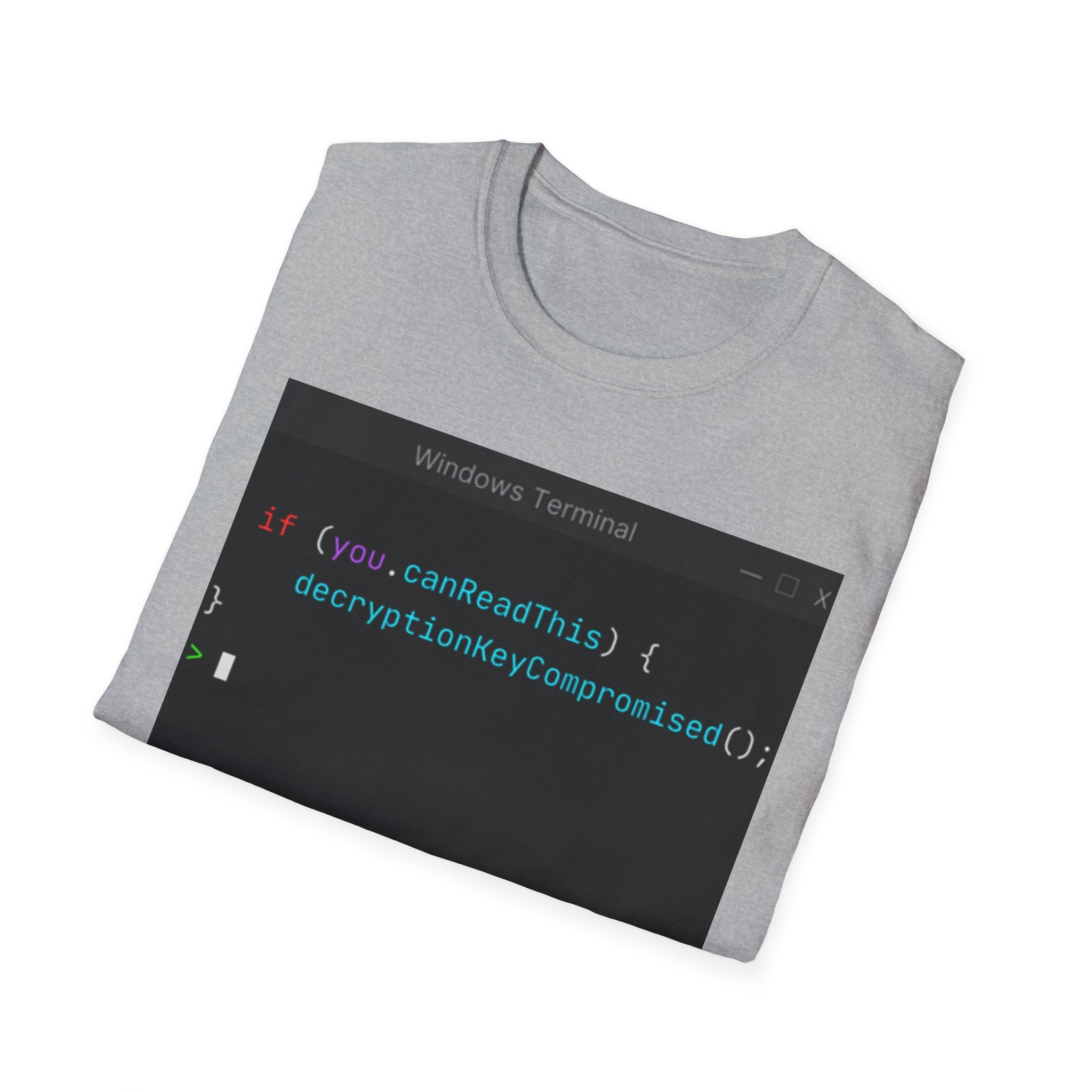 "if (you.canReadThis) { decryptionKeyCompromised(); }" Coding Terminal Tech Humor Graphic T-Shirt