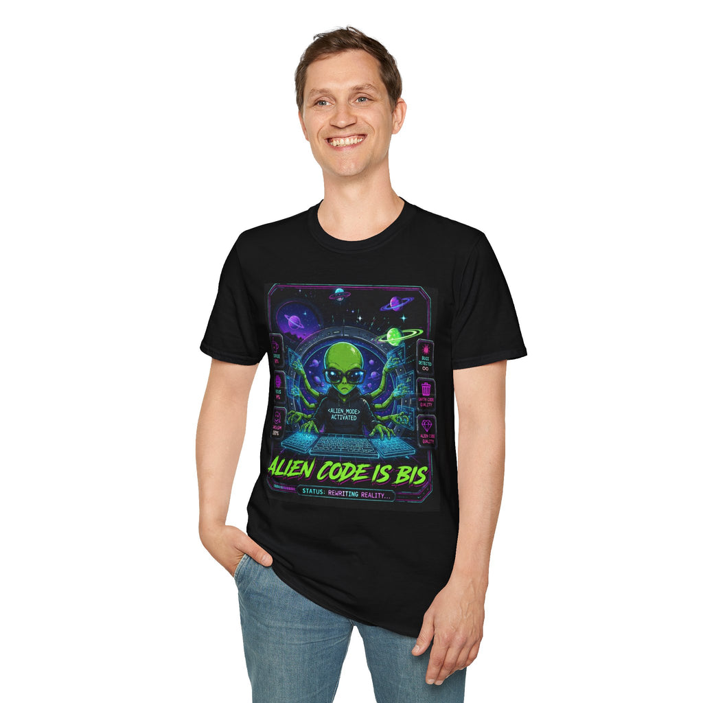 "Alien Code Is BIS" Neon Alien Programmer/Gamer Graphic Design T-Shirt