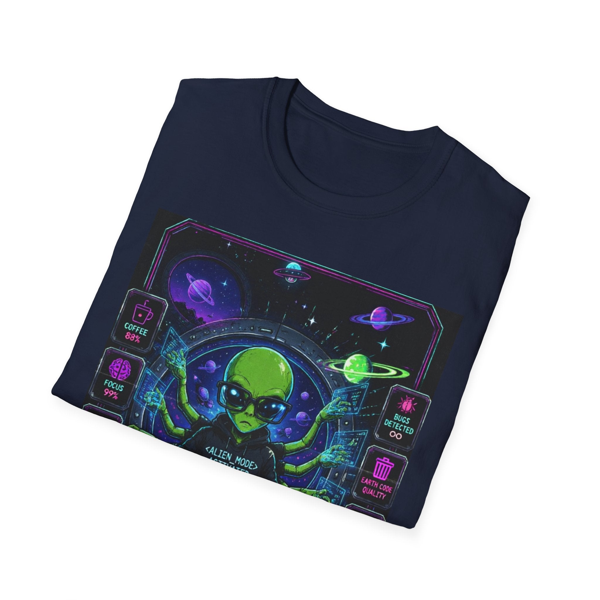 "Alien Code Is BIS" Neon Alien Programmer/Gamer Graphic Design T-Shirt