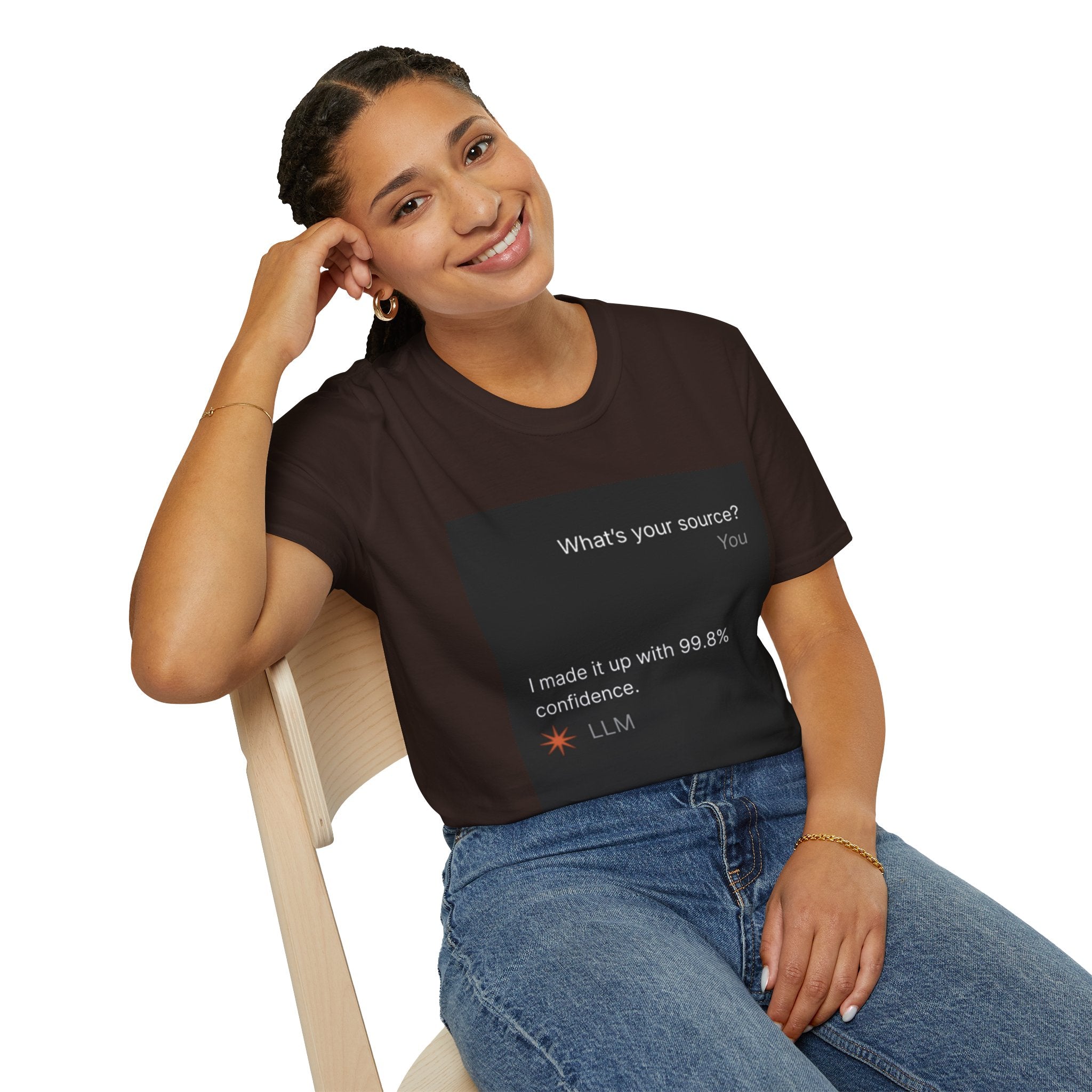 AI Chat (LLM) Tech Humor Graphic T-Shirt — "What's your source?"