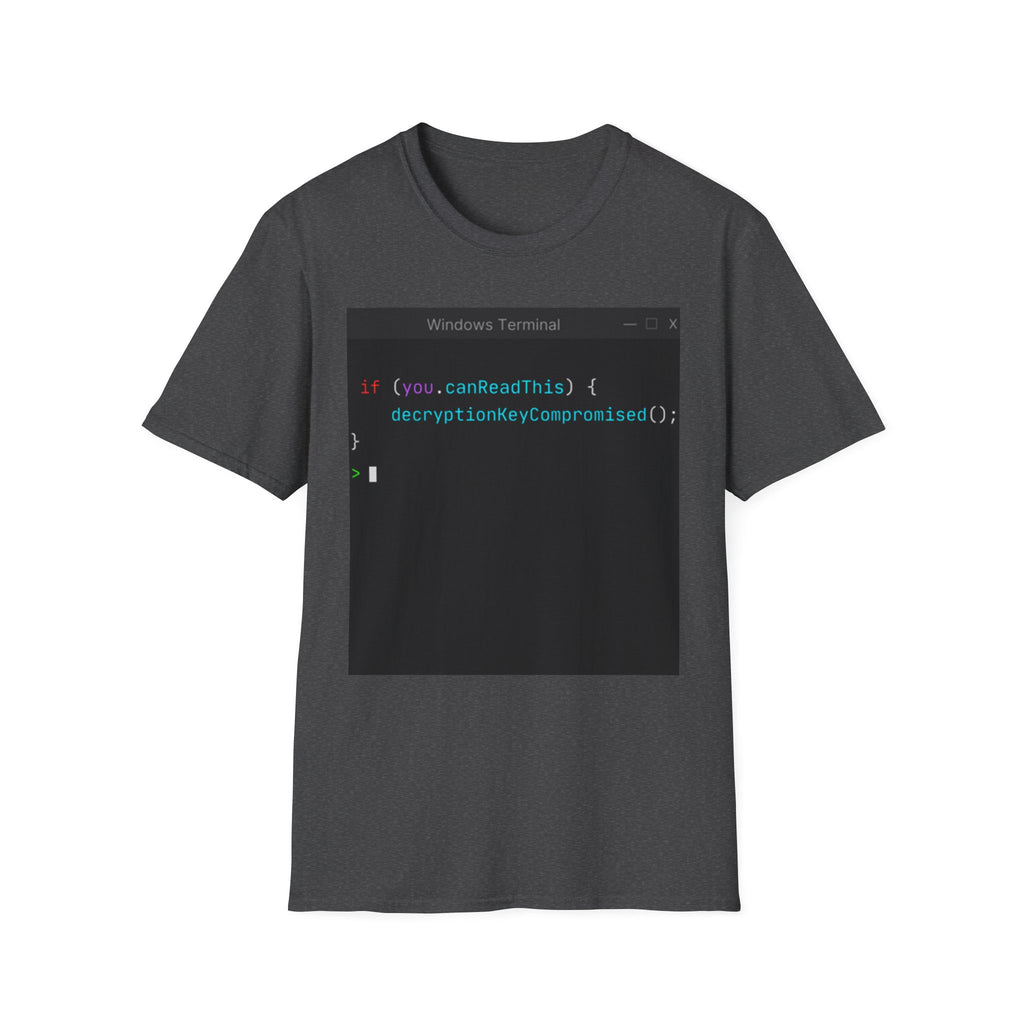 "if (you.canReadThis) { decryptionKeyCompromised(); }" Coding Terminal Tech Humor Graphic T-Shirt