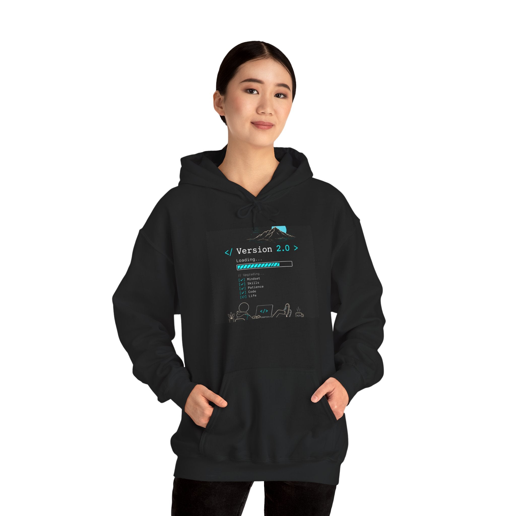 "Version 2.0" Motivational Programmer Coding Neon Black & Blue Hoodie